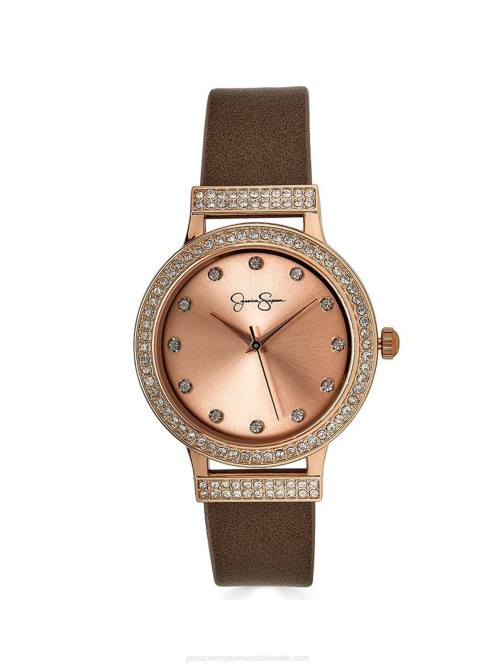Jessica SimpsonRose Gold Crystal Brown Strap Watch H426916